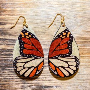 Butterfly Teardrop Dangle Earrings-Natural tones of brown, ivory and orange